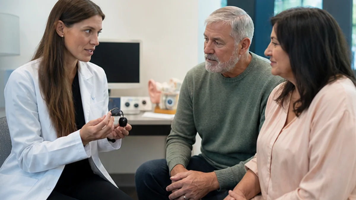 An audiologist explains a hearing aid to a couple