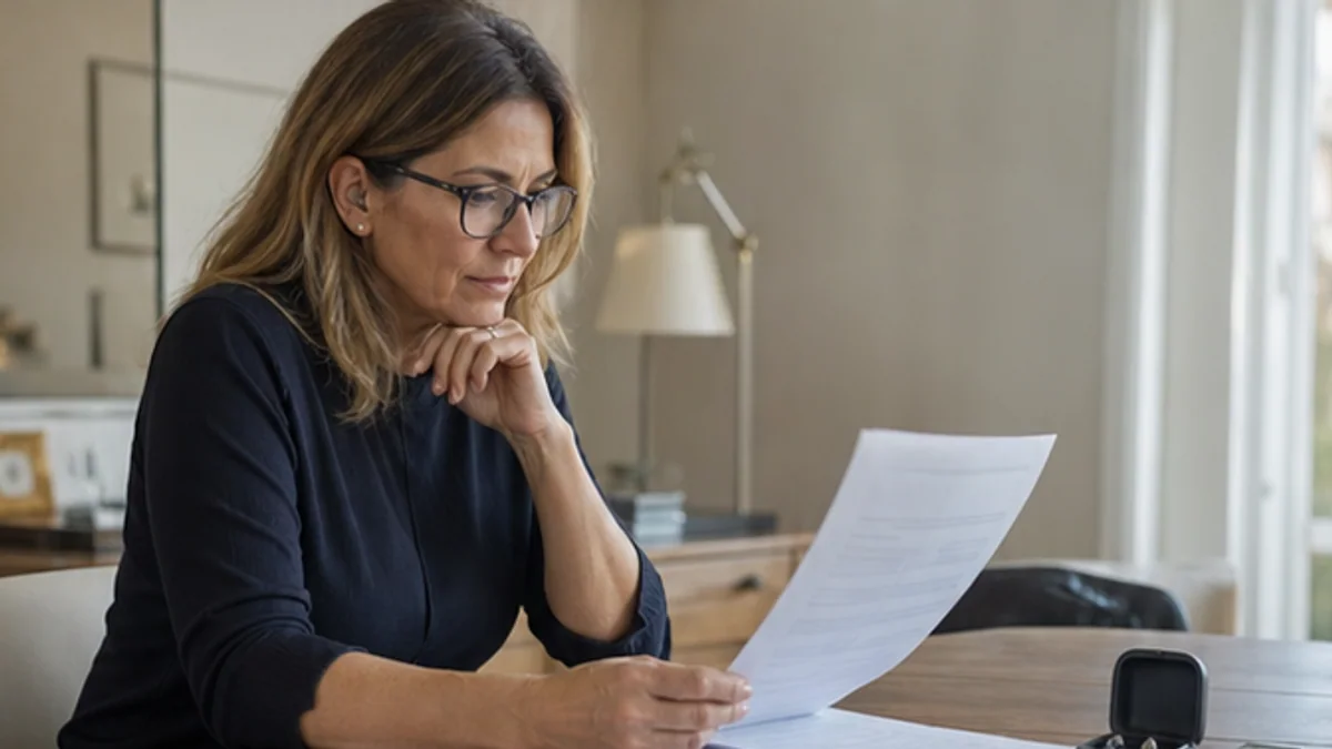 A woman reads a hearing check result at home