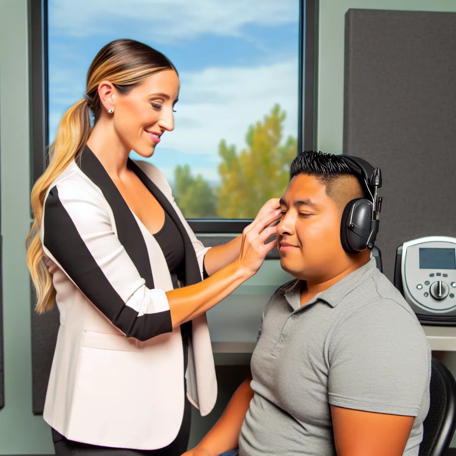 An audiologist places headphones on a patient before a hearing test
